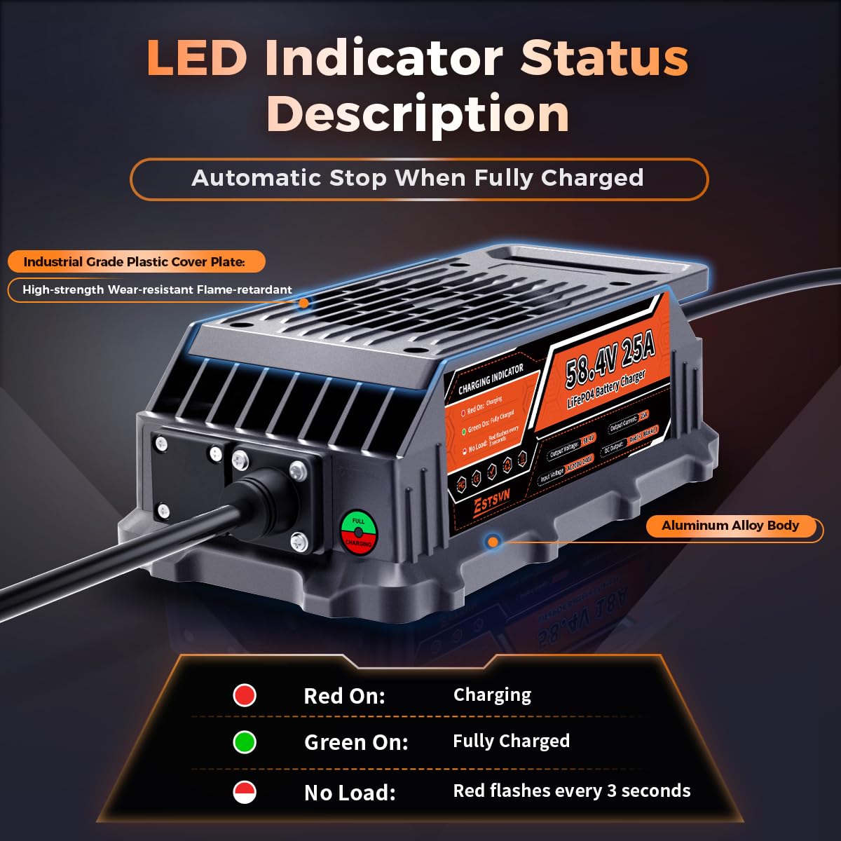 LiFePO4 ładowarka akumulatorów 25 A, 58,4 V, szybka ładowarka do akumulatorów litowych, w pełni uszczelniona IP67, wodoszczelna ładowarka Smart Trickle do Golf Cart, łodzi, elektrycznego zaburtu