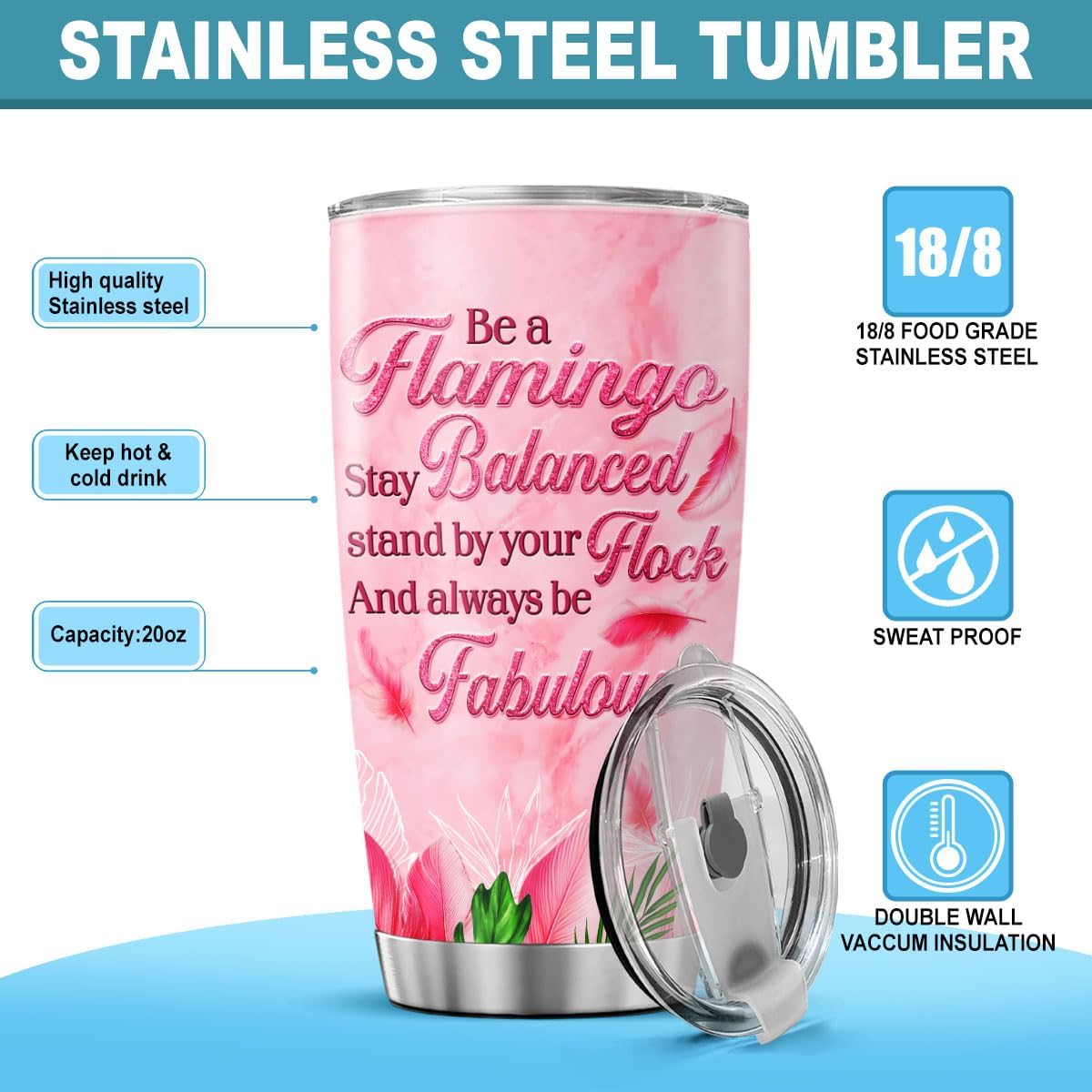 Steel Tumblers Insulated Hot Coffee Stainless Handle, Flamingo Stay Balance, Tumbler 20 Oz With Lid And Straw, Flamingo Gifts - Image 7