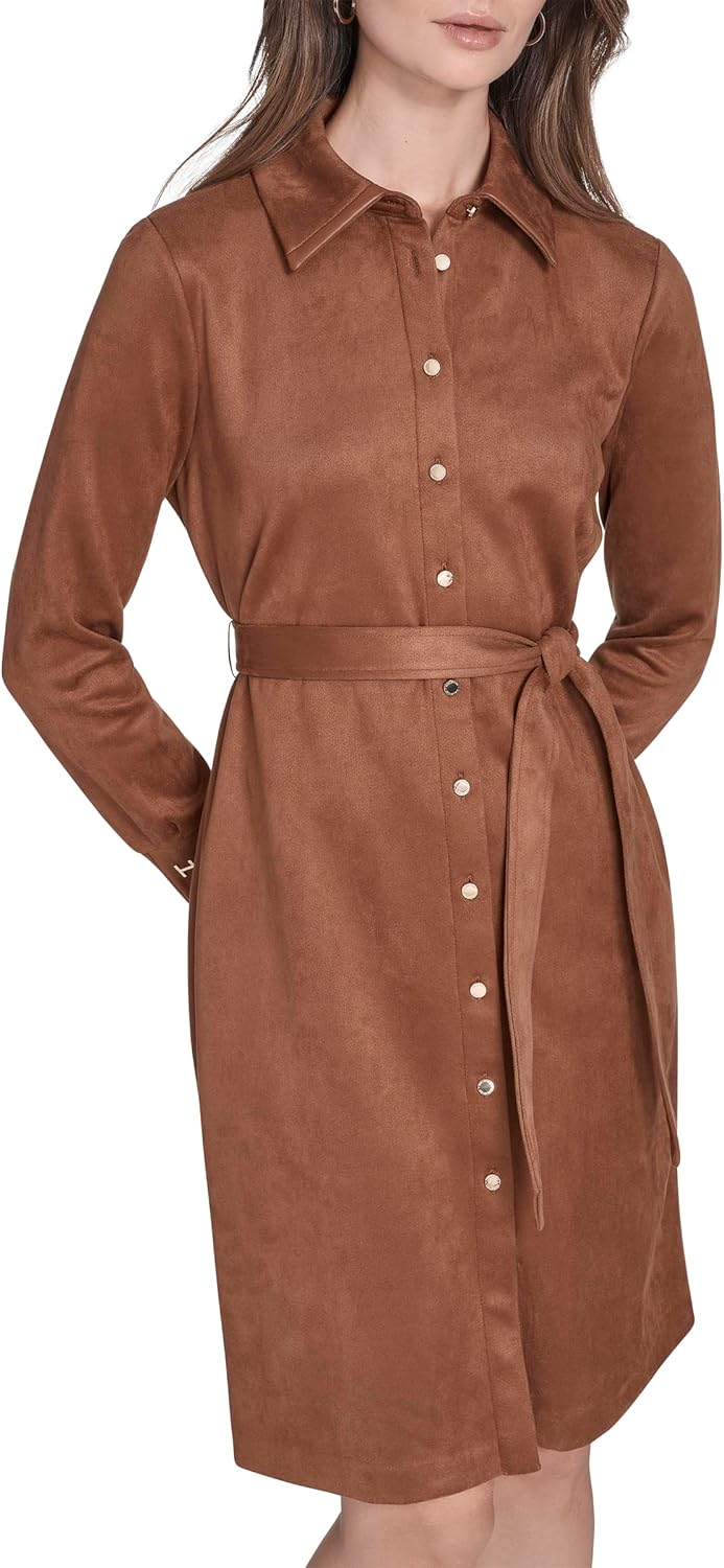 Halston Womens Long Sleeve Collared V-Neck Knee Length Shirt Dress