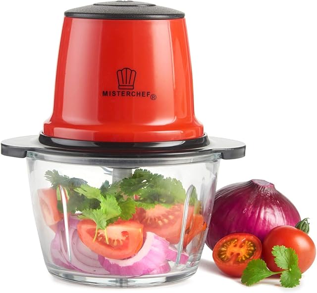 MisterChef® Red Mini Chopper Mini Food Processor 3 bi-Level Blades - Energy Saver 200W with Turbo - 1.5L Food Capacity Glass Bowl - 2 Year Warranty - Metallic Red