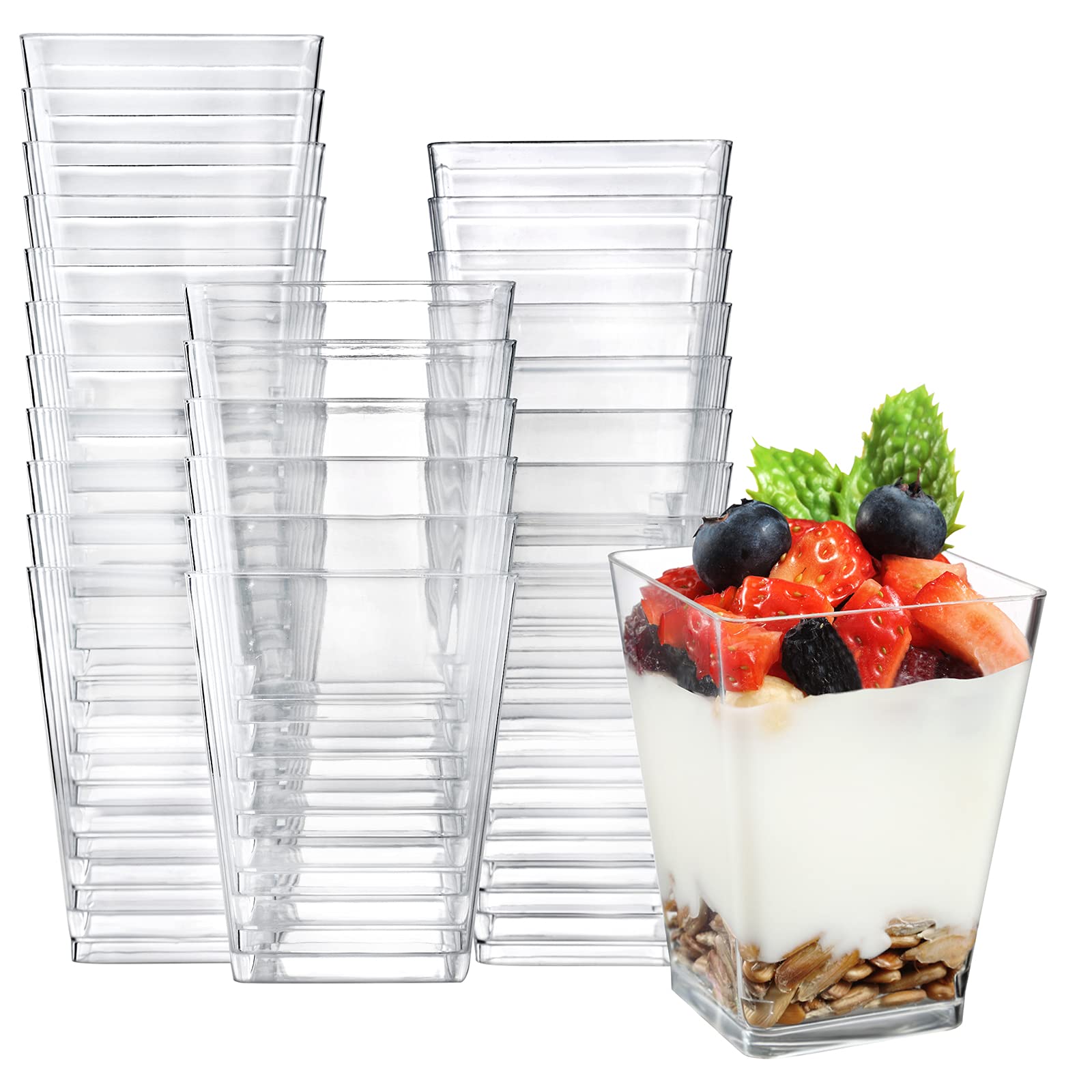 eupako 100 pack 5 oz square clear plastic dessert cups small clear plastic tumbler cups great for desserts, appetizers, puddings, mousse and more