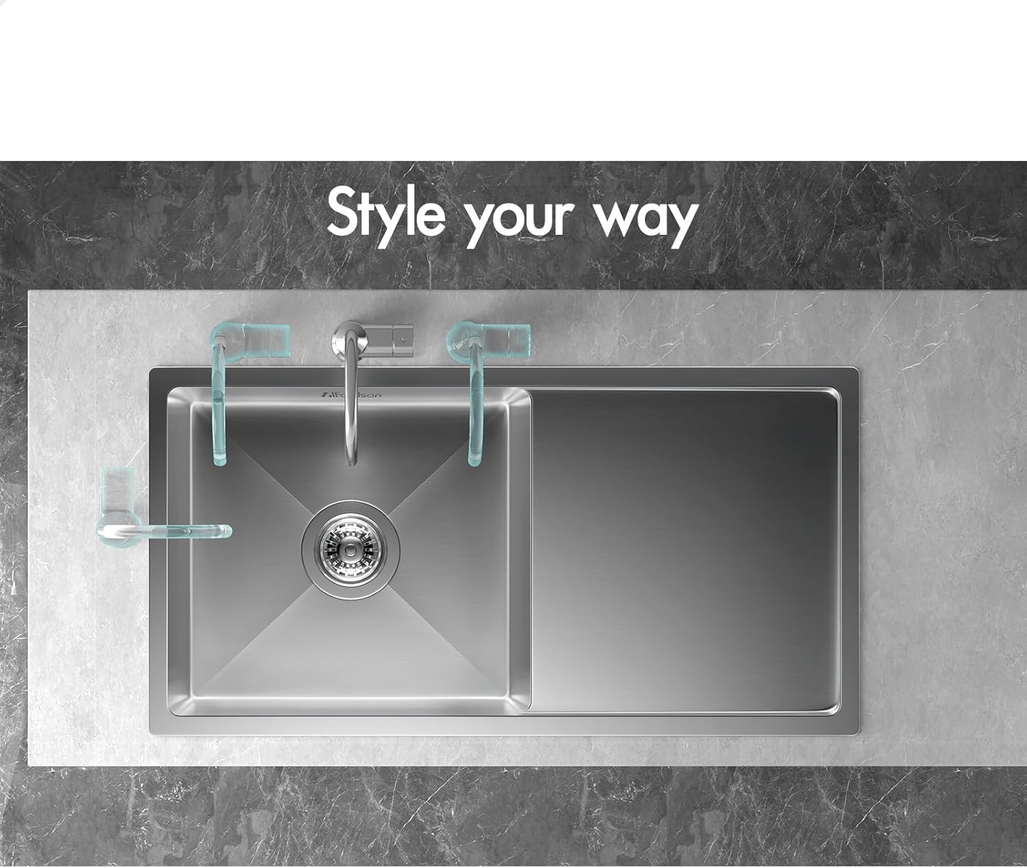 Kitchen Sink Single Bowl with Waste Strainer & Drainboard, 870x 450x 205mm, 304 Stainless Steel Water Basin Sinks with 3mm Thick Edge in Silver