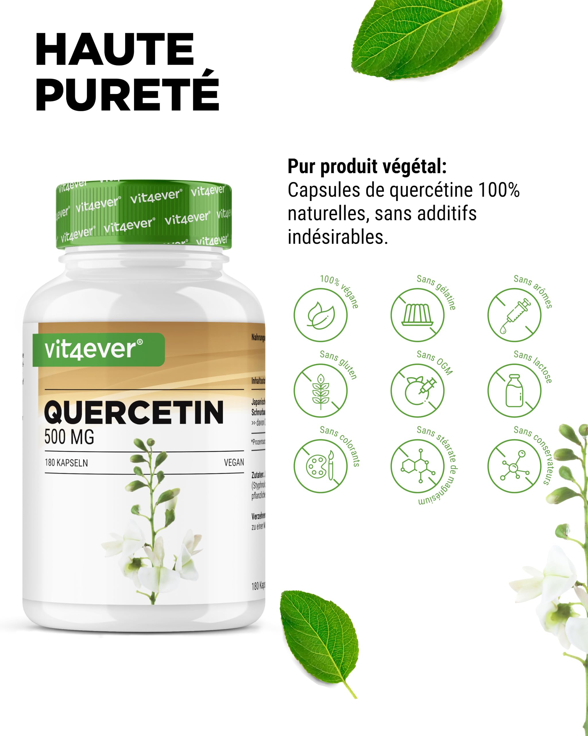 Quercétine - 500 mg - 180 Gélules - 6 Mois d'Approvisionnement - Premium : Extrait Naturel de Fleurs de Chêne à 15:1 avec 95% de Quercétine - Hautement Dosé - Végétalien