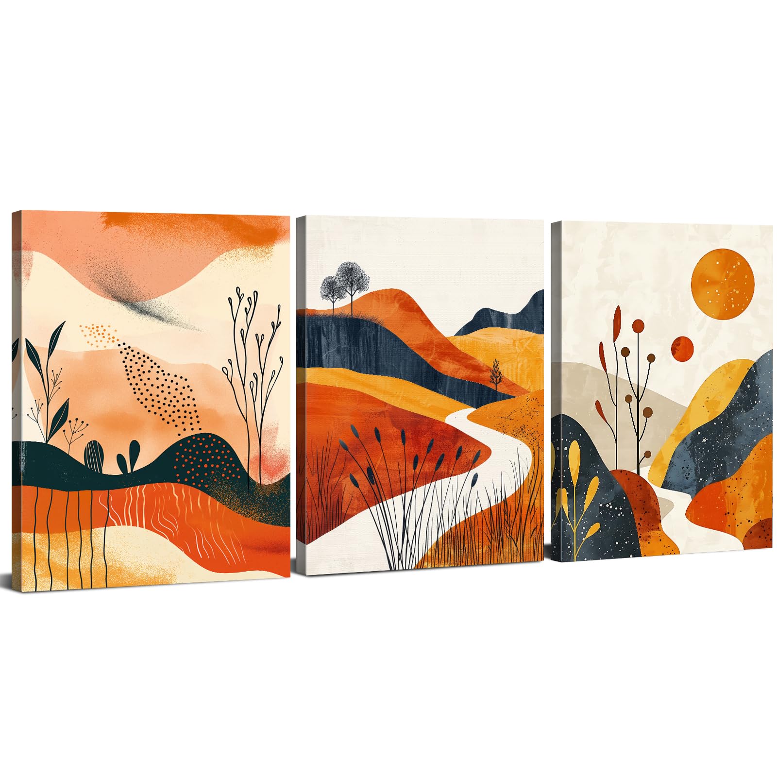 Set of 3 Boho Framed Wall Art for Living Room Abstract Mountain Desert Bedroom Pictures Mid Century Modern Wall Decor Orange Boho Home Decor Minimalist Neutral Artwork Office Decorations 30x40cm