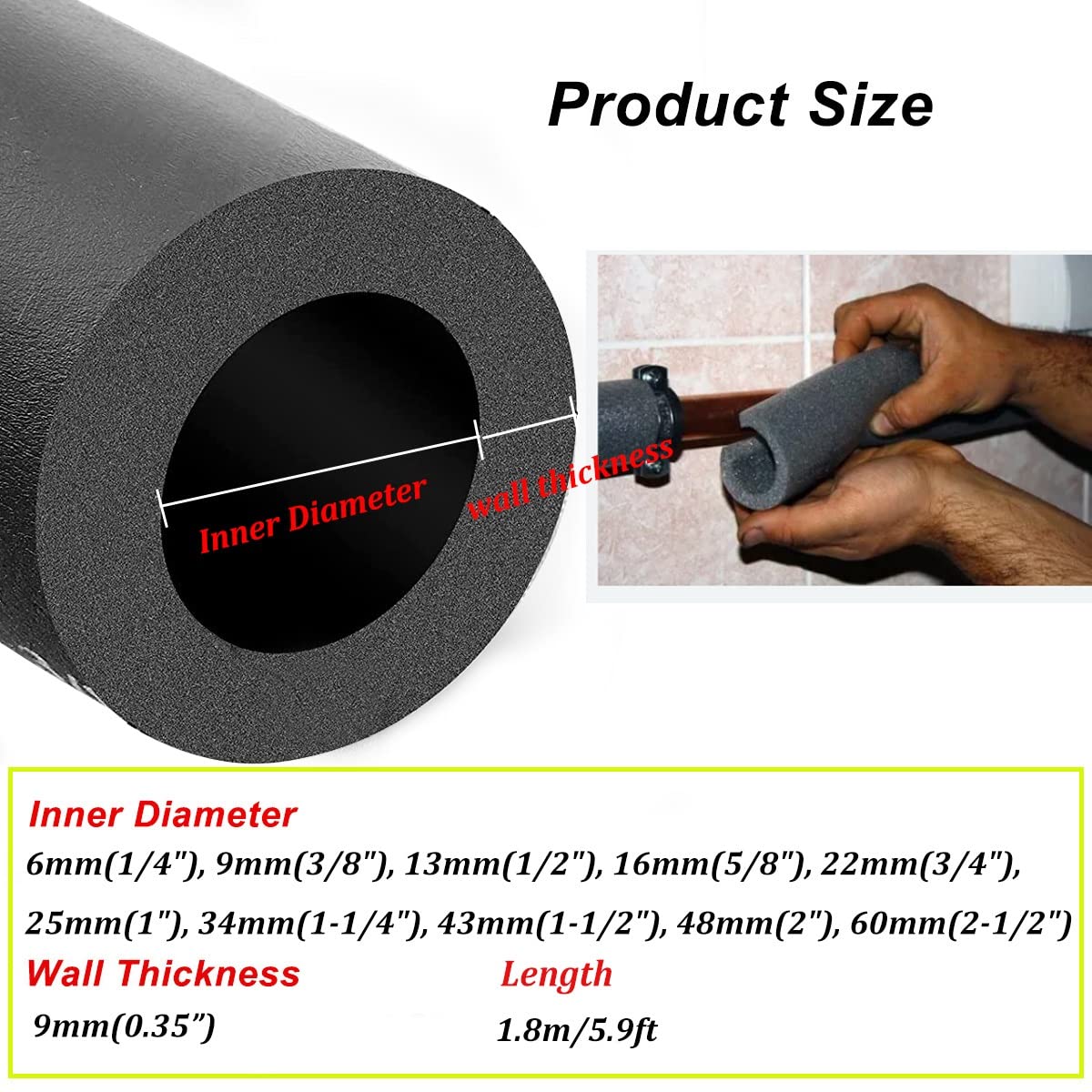 Self-Sealing Foam Pipe Insulation Wrap – Fireproof Rubber Tube For Outdoor Faucets & Pipes (Multiple IDs, 5.9ft Length)
