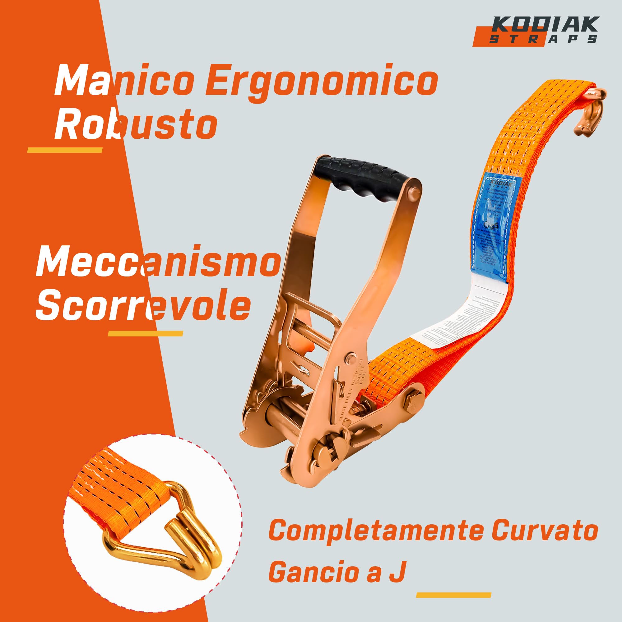 4 Cinghie di Tensione 8m x 4000kg con Cricchetto e Ganci - Cinghie a Cricchetto da 50mm - Cinghia Arancione per la Sicurezza del Carico - Certificato TÜV/GS e secondo DIN EN 12195-2 - KODIAK STRAPS