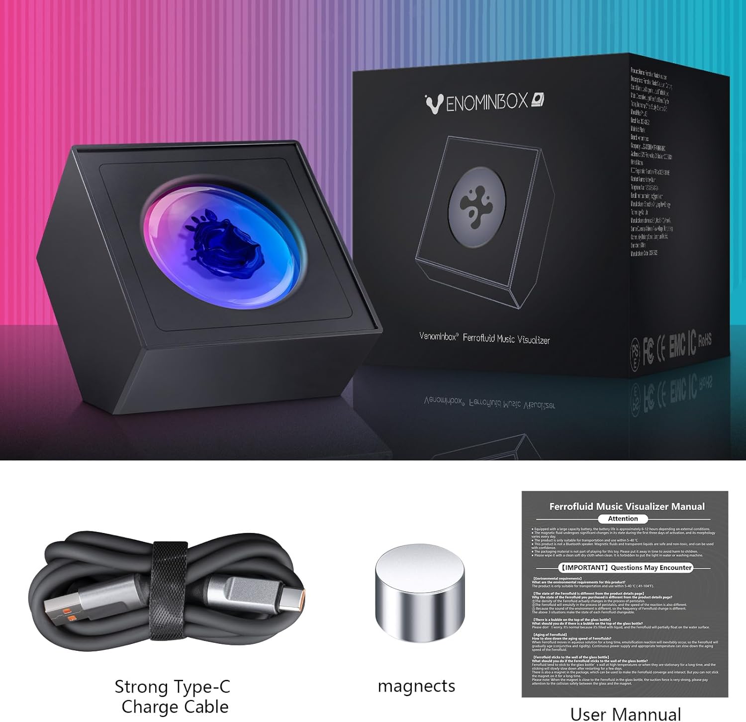 Ferrofluid Music Visualizer, Dancing Sound Sensitive，Ferrofluid Speaker Music Mate, Decorative RGB Light Ferrofluid Display Desk Toy for Table, Bedroom, Office, Study, Science Gift