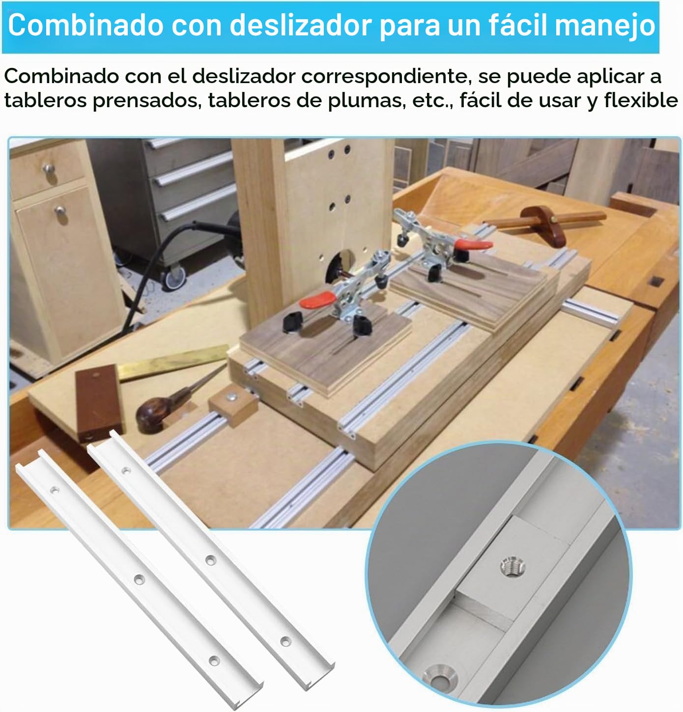 Juego de 4 Rieles de Aluminio, Ranura en T de 400 mm M8 M6 para Carpintería, con Tornillos Autorroscantes y Orificios de Montaje Pretaladrados.