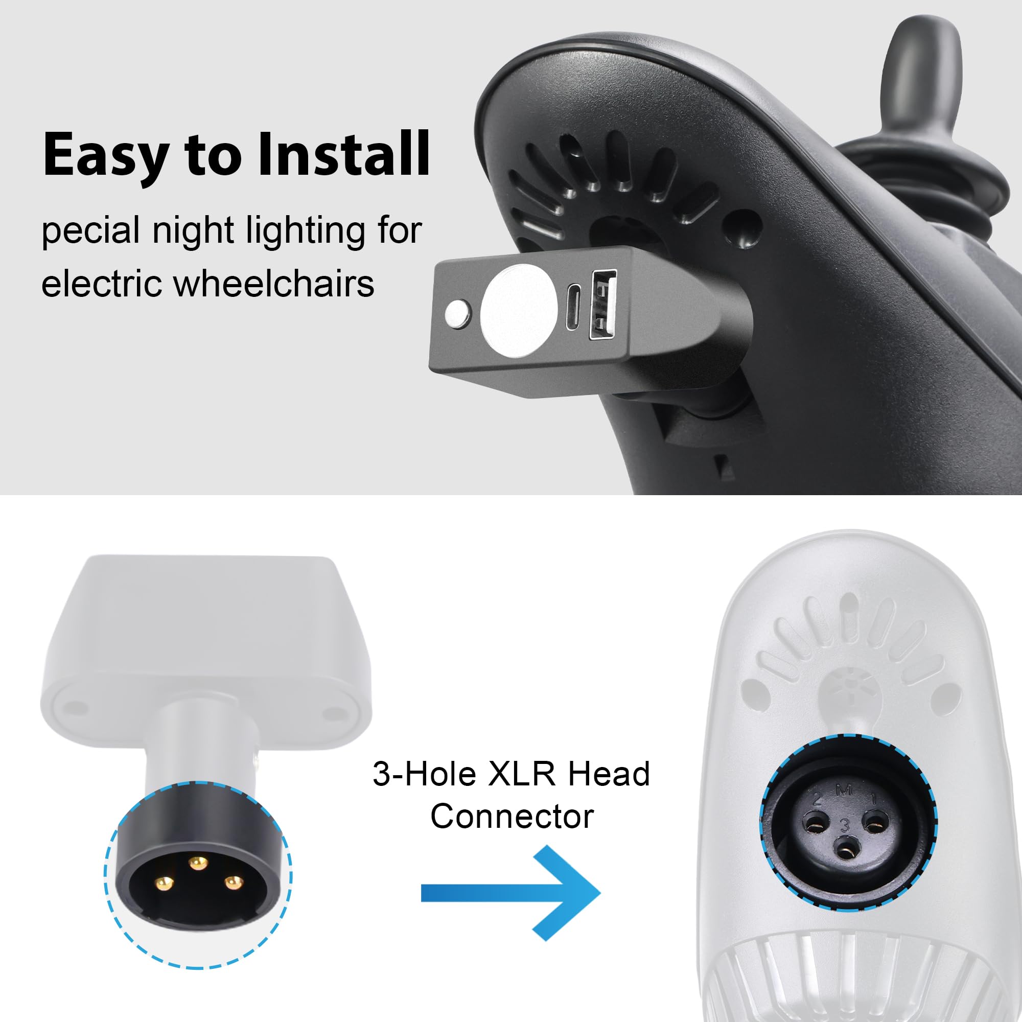 Accesorios para silla de ruedas eléctrica con luz LED, cabeza XLR de 3 pines, ángulo ajustable de alto brillo, driver de iluminación nocturna para la mayoría de modelos de silla de ruedas motorizada