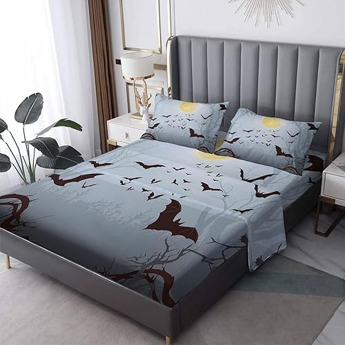 Miniatura 8 de Sábanas de murciélago tamaño individual  Juego de sábanas de Halloween para niños y niñas, juego de sábanas en blanco y negro, microfibra suave,