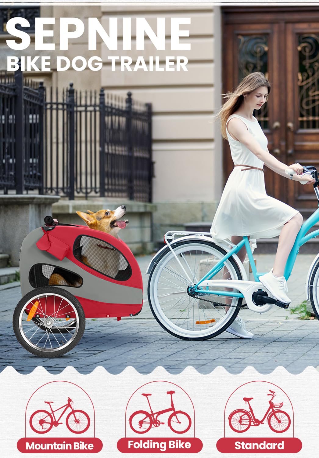 Sepnine Rimorchio per bicicletta per cani – Pieghevole con riflettori di sicurezza, borsa portaoggetti, imbottitura integrata e corde di sicurezza, portata massima