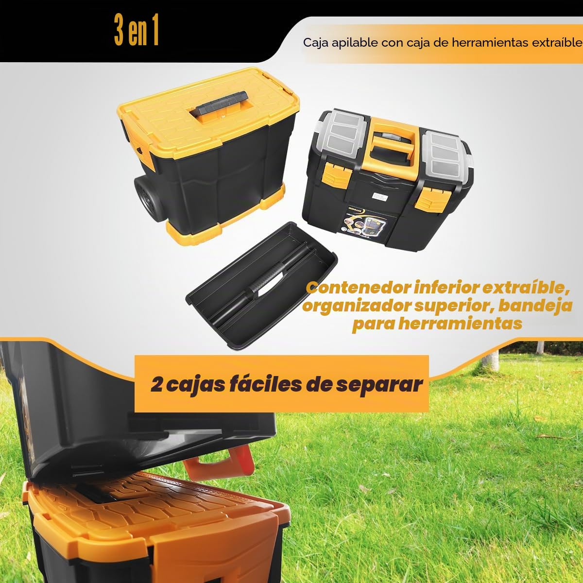 GYMAX Caja de Herramientas 3 en 1, Taller móvil con 2 Cajones de Taller, Bandeja de Almacenamiento Desmontable, Carro Apilable con Asa, Ruedas, Cierres, Negro + Amarillo, 46 × 28 × 66,5 cm