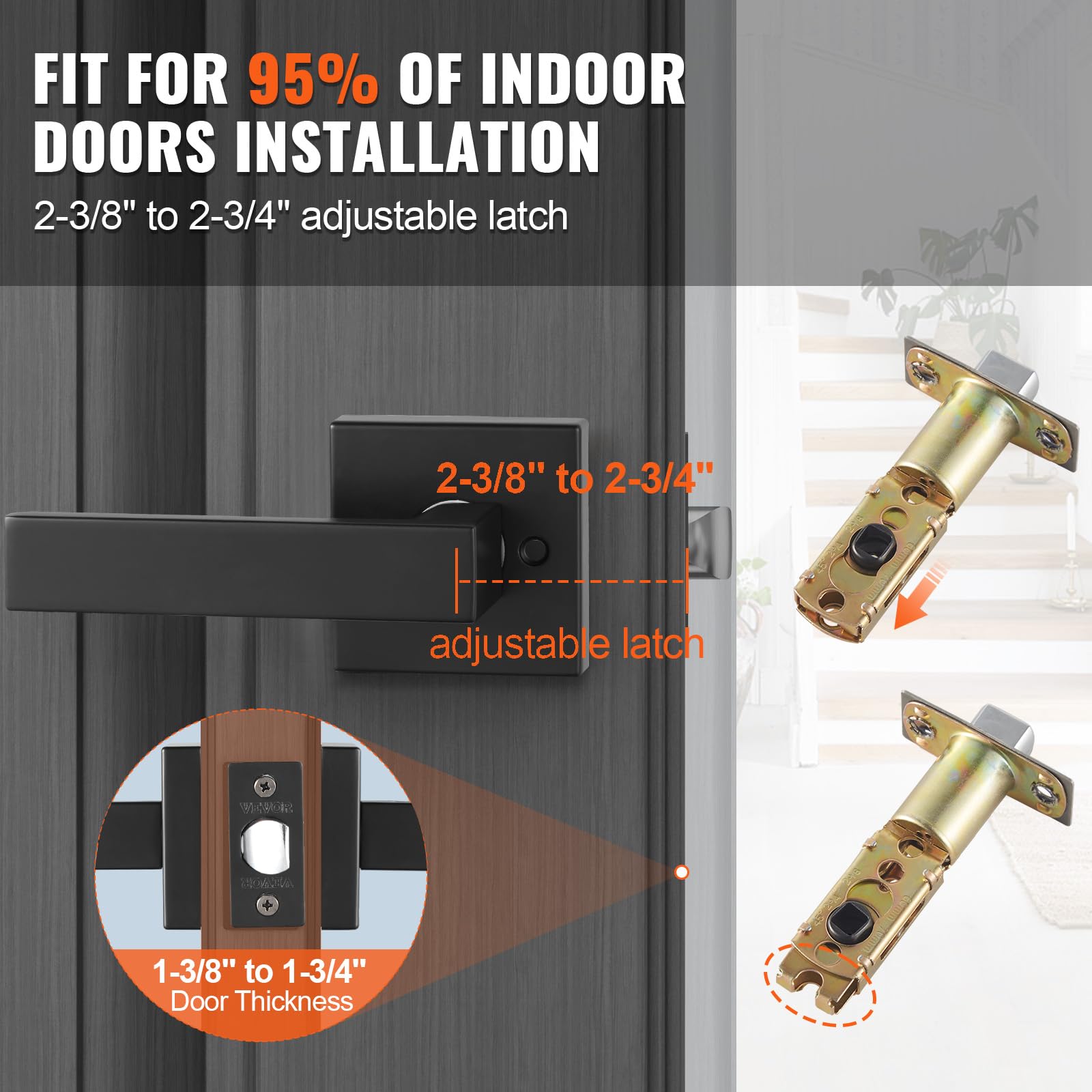 VEVOR 6 PCS Manija para Puerta de Paso, Manija Reversible para Zurdos o Diestros sin Bloqueo, Rotación de 45° para Abrir, Interior Cuadrado Universal para Pasillos, Espacios de Reunión, Negro Mate