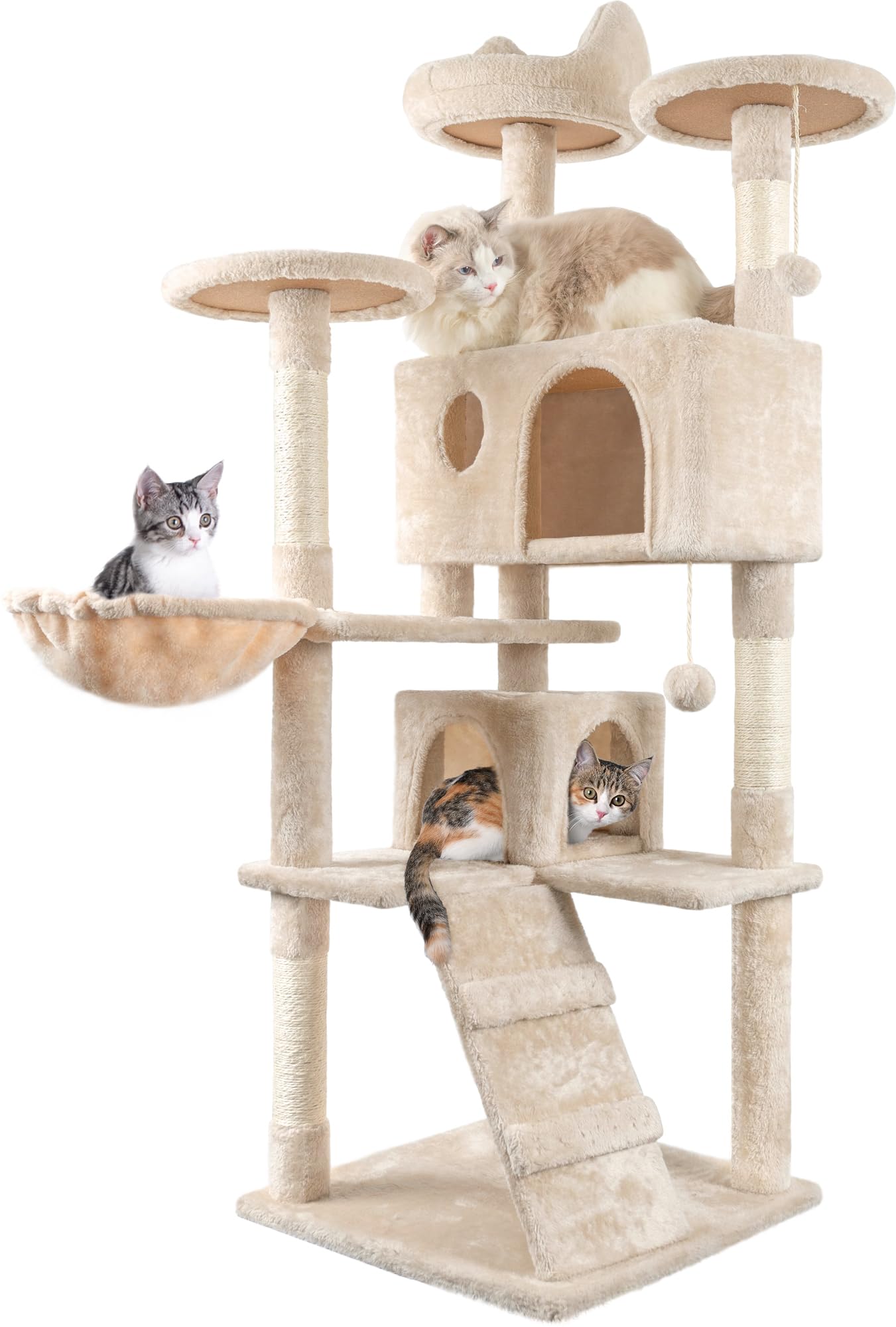 HOMIDEC Cat Tree, 151cm Cat Scratching Post Stable Cat Tower for Indoor Kitty, Activity Centre Climbing Tree with 2 Kitten Houses, Hammock, 4 Sisal Posts, Ladder, and Rest Place