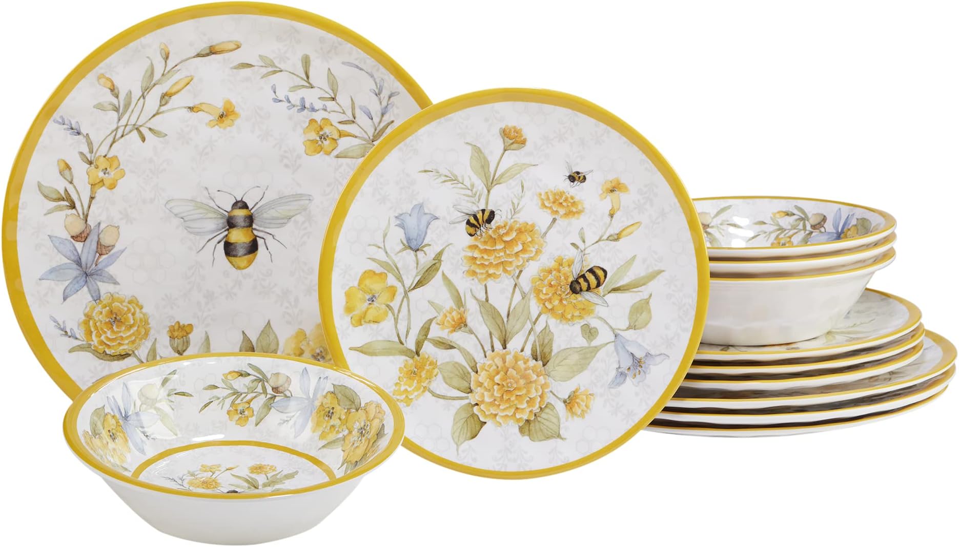 Bee Sweet 12-Piece Melamine Dinnerware Set, Service for 4, Bee & Floral Plates and Bowls, Durable Shatterproof Outdoor Tableware for Spring & Summer Entertaining
