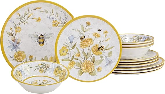 Certified International Conjunto de louça de melamina Bee Sweet, serviço para 4, pratos e tigelas florais e abelhas, utensílios de mesa duráveis e inquebráveis para entretenimento de primavera e verão Menor preço em Certified International Conjunto de louça de melamina Bee Sweet, serviço para 4, pratos e tigelas florais e abelhas, utensílios de mesa duráveis e inquebráveis para entretenimento de primavera e verão
