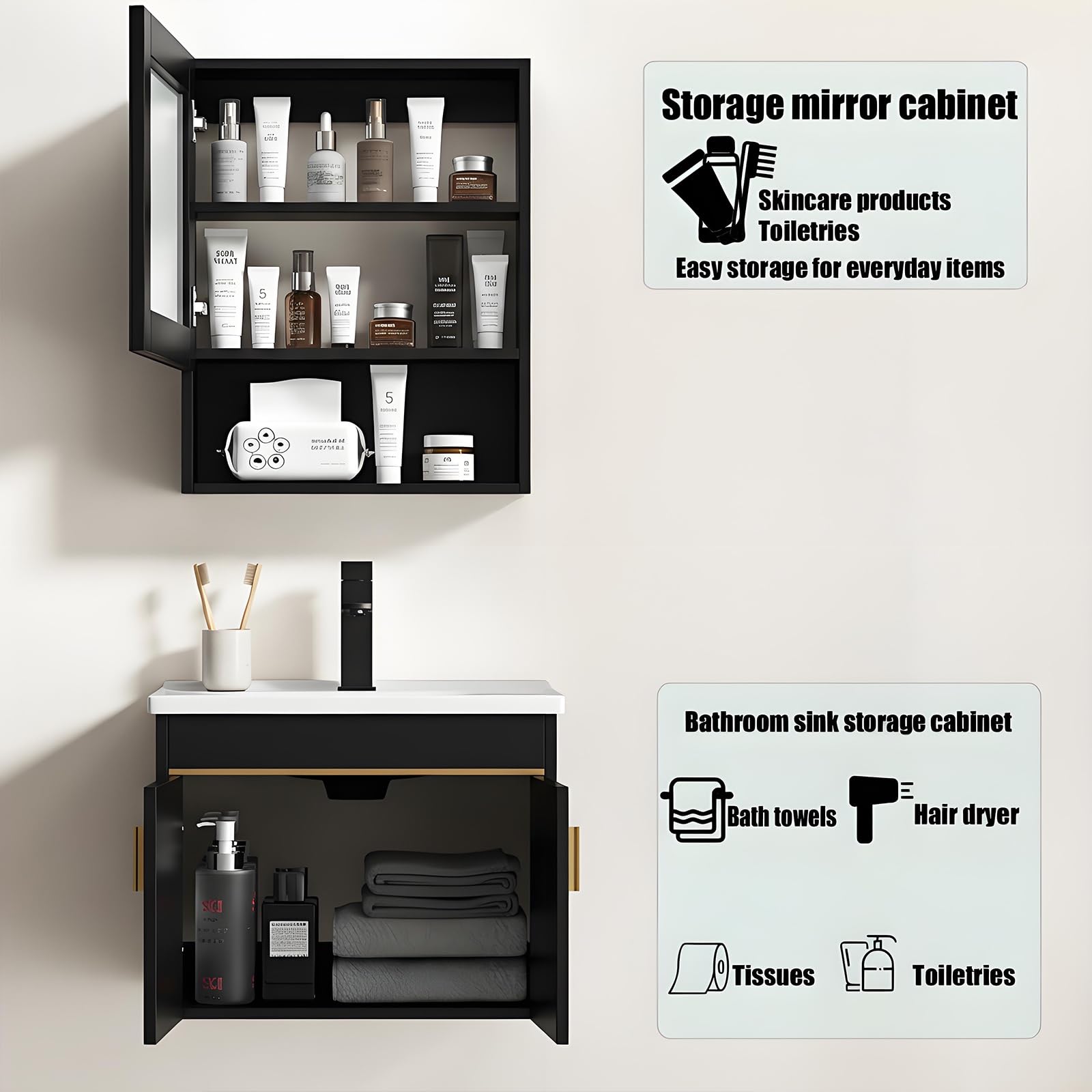 Mueble de Baño Suspendido con Lavabo Cerámico sobre Encimera con Armario con Espejo,Mueble Bajo Lavabo Conjunto de Muebles de baño (Negro, 50 * 36CM+45 * 60CM)
