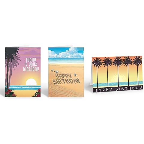Stonehouse Collection Beach Birthday Card Variety Pack – 3 Assorted Coastal Greeting Cards with Envelopes – 6.25” x 4.5” – Made in the USA(Assorted)