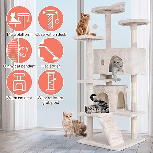 Miniatura 6 de Torre de escalada para gatos de 54 pulgadas con poste rascador perca para casa para gatos condominio de madera para gatos torre de árbol para gatos