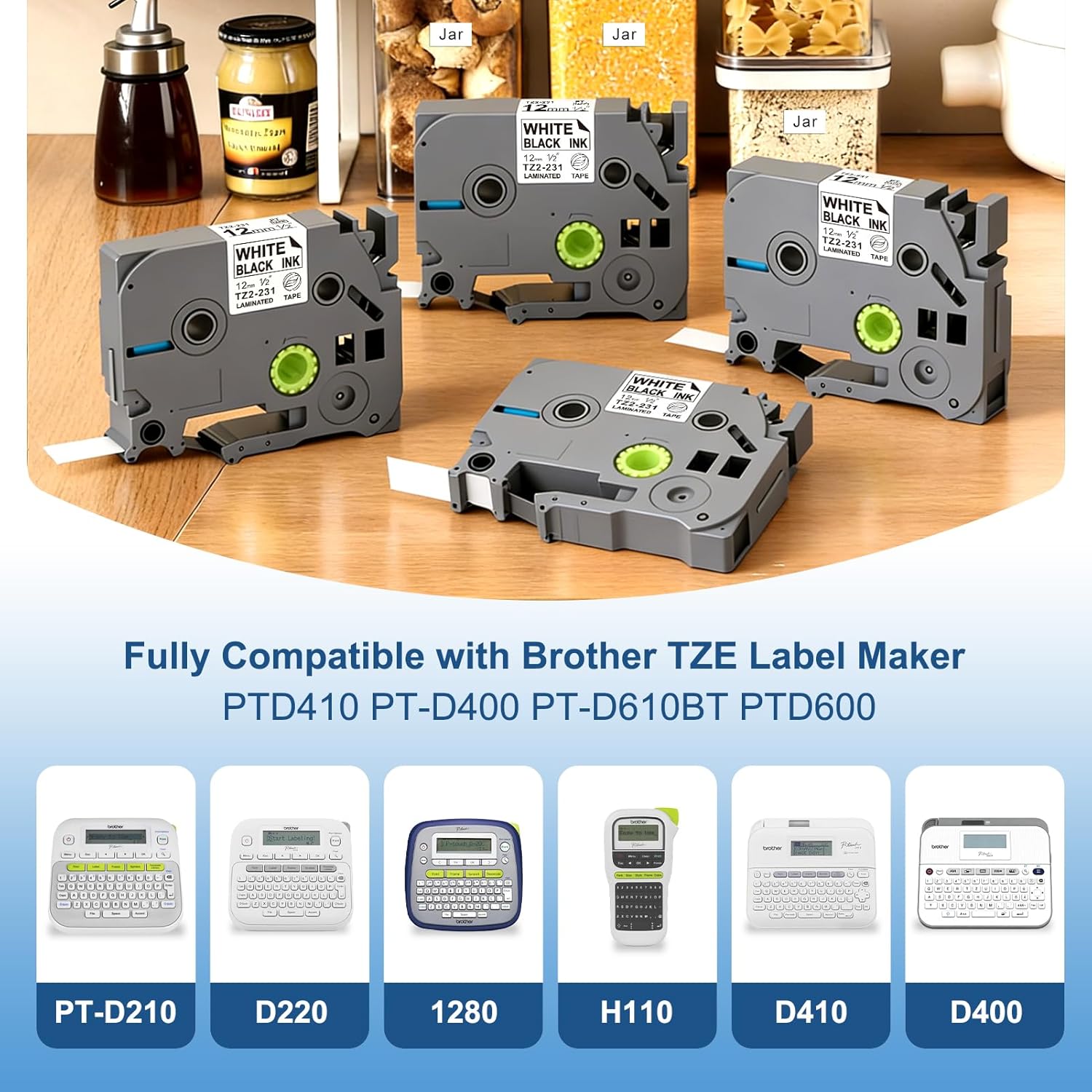 12mm 0.47 Laminated White Tape Compatible with Brother Label Maker Tape Replacement for Brother P-Touch Label Tape TZE-231 12mm 0.47 Laminated White for PT-D210 D220 1280 H110 1280 D400, 5-Pack - Image 2