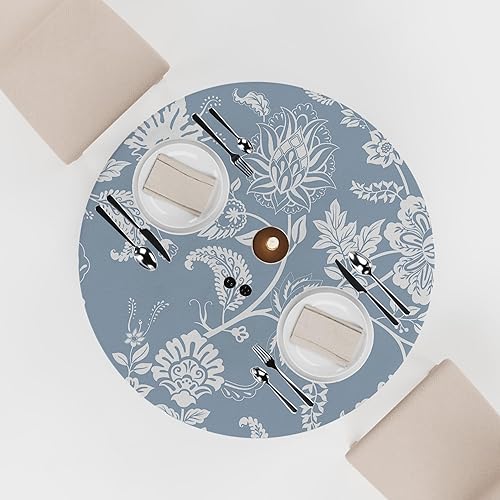 Miniatura 3 de Mantel redondo de flores trepadoras blancas de 60 pulgadas, fondo azul, impermeable, mantel redondo de poliéster para picnic al aire libre,