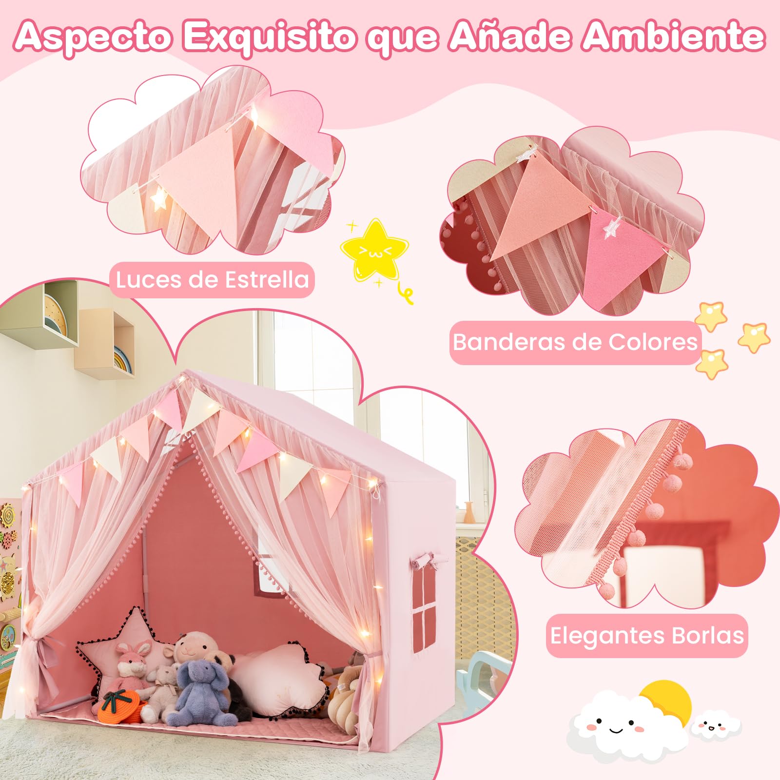 COSTWAY Tienda de Campaña Infantil, Tienda Tipi Infantil con 2 Cortinas de Tela y Malla, Luces de Estrellas, 2 Ventanas Transpirables, Almohadilla de Algodón, Casita Niños Tela para 3-4 Niños (Rosa)