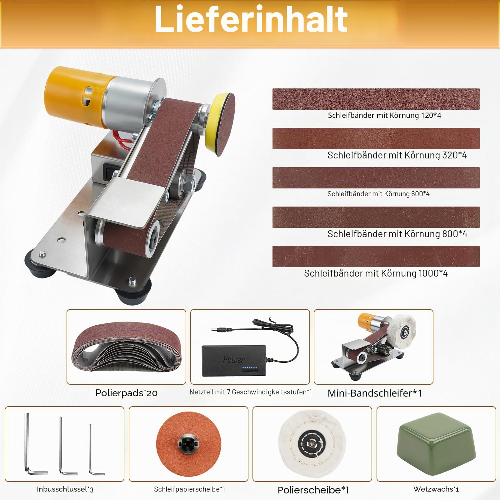 Elektrischer Bandschleifer, Mini-Bandschleifer Poliermaschine, 15-Grad-Messerschärfer with 20 Sanding Belts and 20 Pieces Sandpaper, Belt Sander for Metal Polishing, Wood Polishing and Tool Sanding
