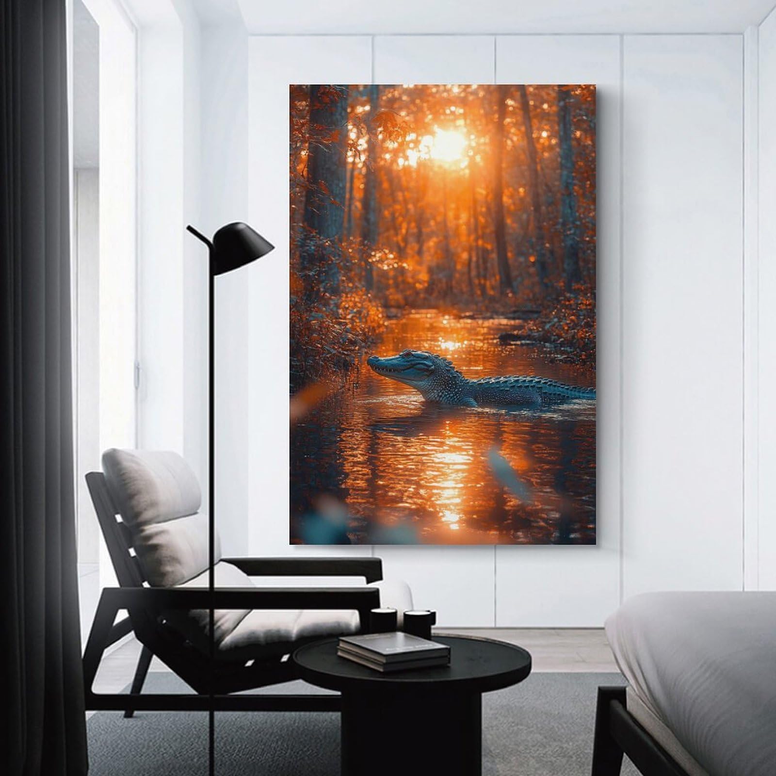 Junmoney Alligator in Swamp at Sunset Home Decor Wall Art, 08x12inch(20x30cm), for Apartment Walls, Studios Or Work Areas, Decorative Canvas Decor for Home Updates