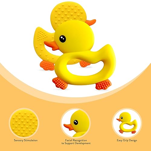 Miniatura 2 de BabyBite Juguetes de dentición para bebés, lindo mordedor de pato para juegos sensoriales y de desarrollo para bebés y niños pequeños, 100% silicona