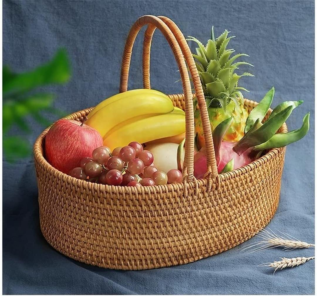 Dekoracja Kuchenna Kosz Rattanowy Przenośny Piknikowy Rozmaitości Do Przechowywania Na Biurko Idylliczny Pojemnik Żywność Imprezy Plenerowe(32 * 28 * 13cm)