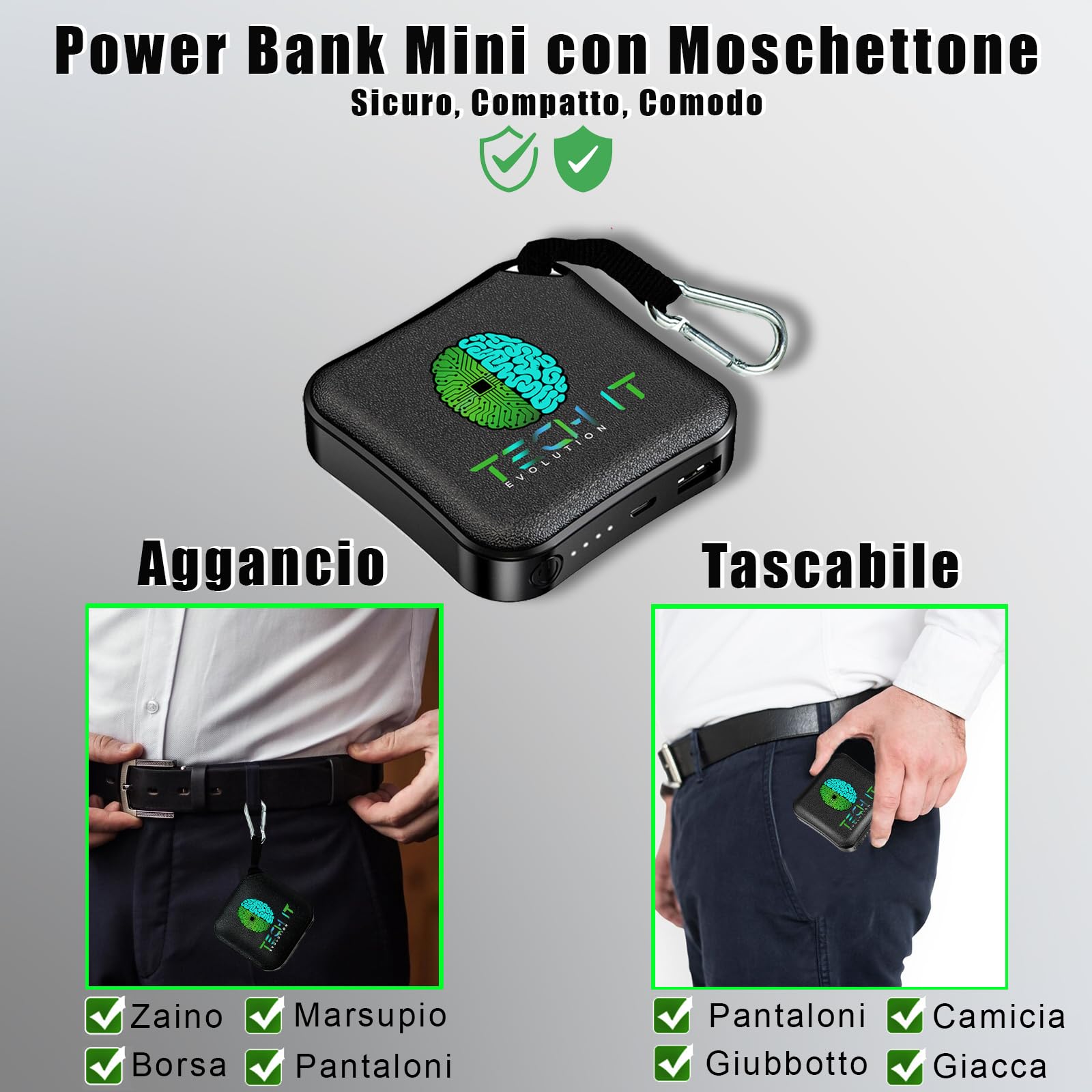 Tech It Power Bank 10000 Ah, USB-A Con oschettone. Power Bank ini