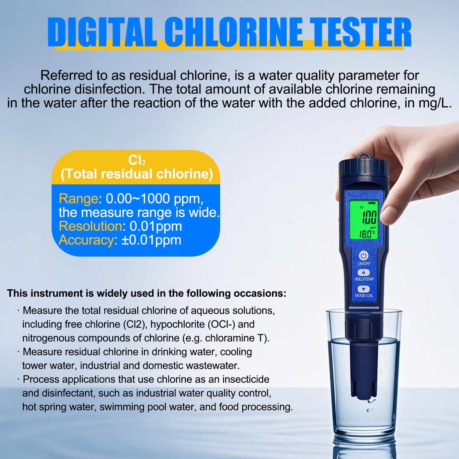 Misuratore pH Cloro Piscina 10 in 1, Tester pH TDS EC Salinità ORP S.G. H2 Resistività Cloro e Temperatura con Batteria Ricaricabile 300mAh, per Piscina, Spa, Acqua Potabile, Acquario, RO