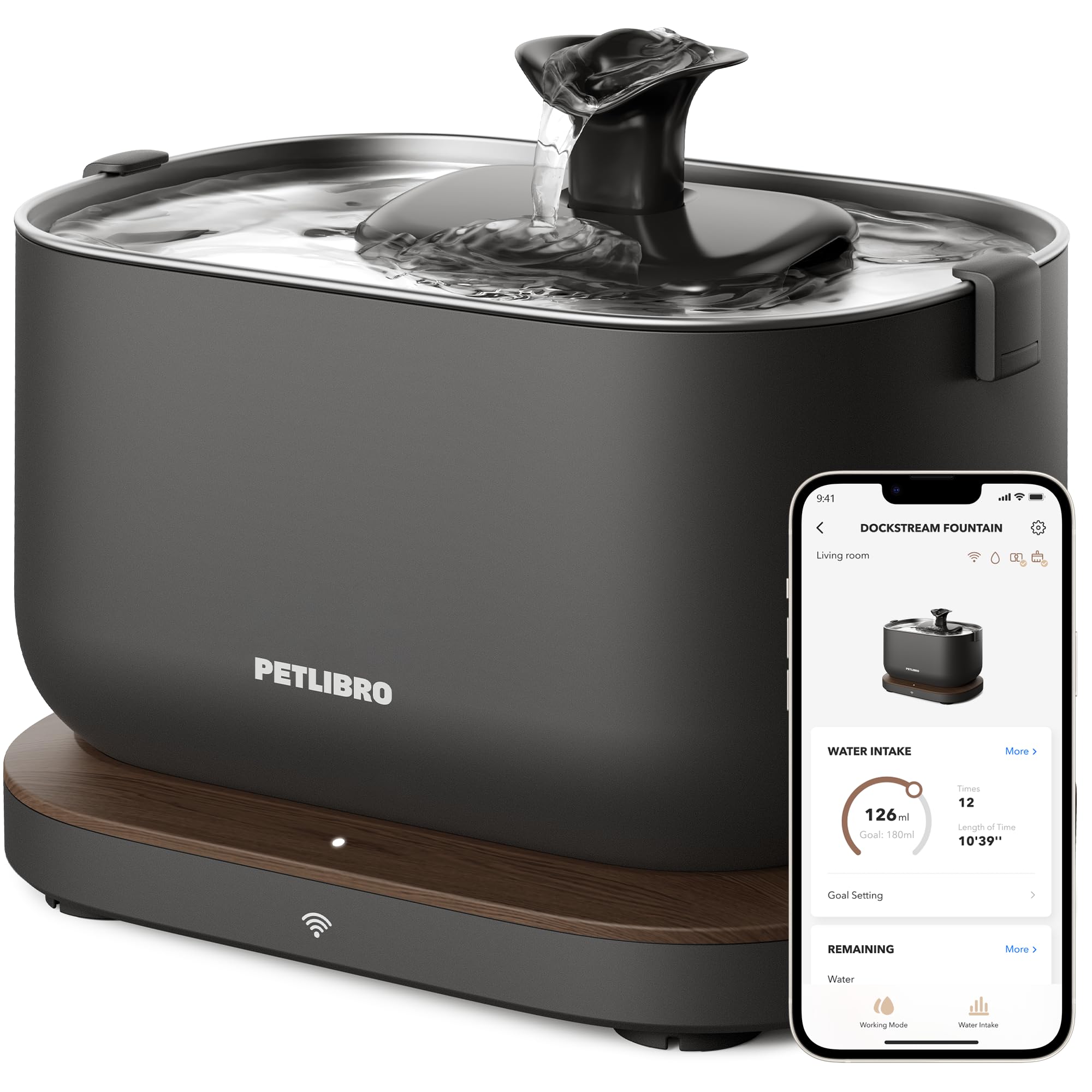 PETLIBRO Smart Cat Water Fountain with WiFi, Logs Cat Drinking Time and ml Amount, Water Intake Tracker, Dockstream App Monitoring Pet Dispenser, Plug-in Power Supply Required