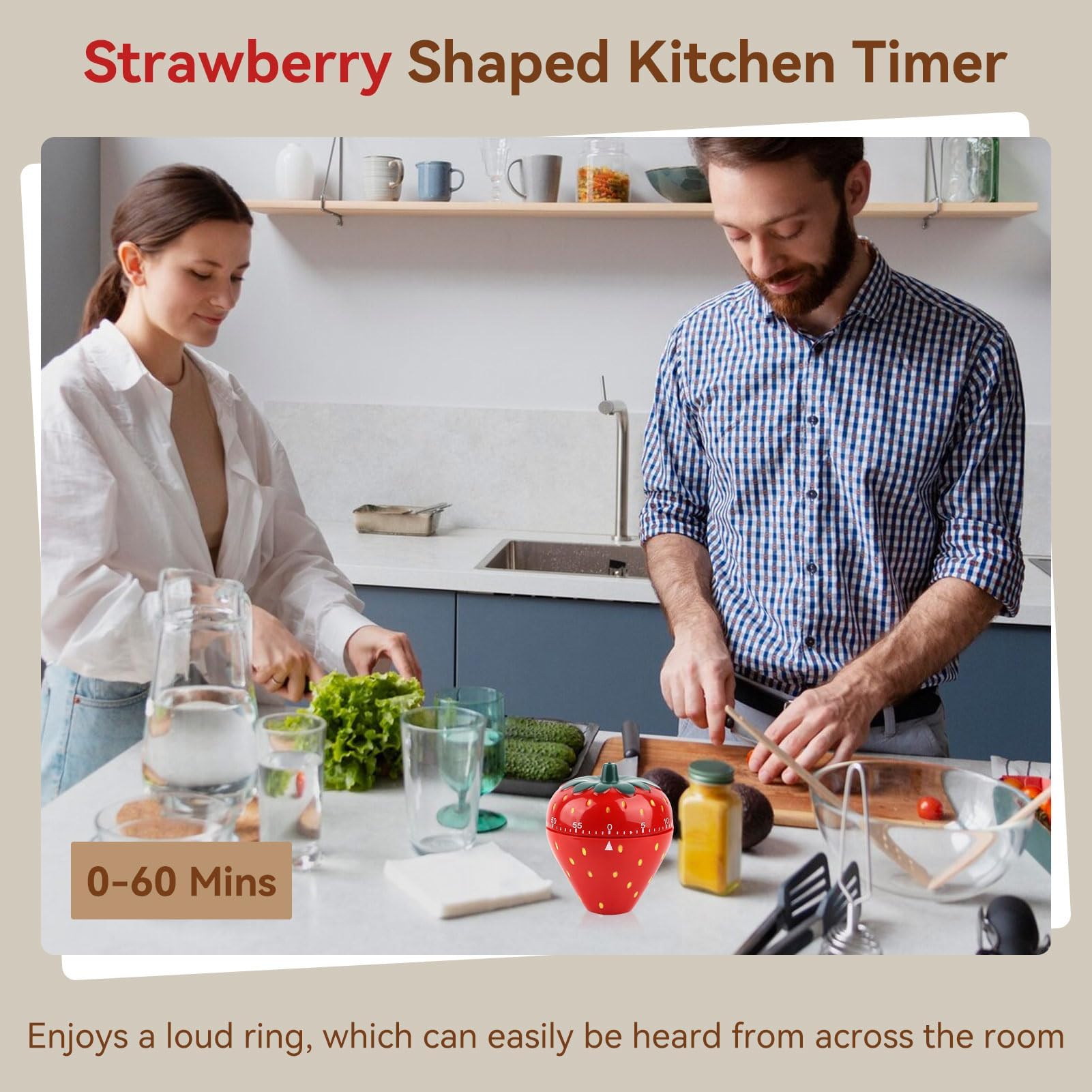 60 Minutes Egg Timer for Boiling Eggs, Kitchen Timer Strawberry Shaped Cute Mechanical Timer Countdown Clock Manual Time Reminder Tool for Cooking Home Desktop Decor