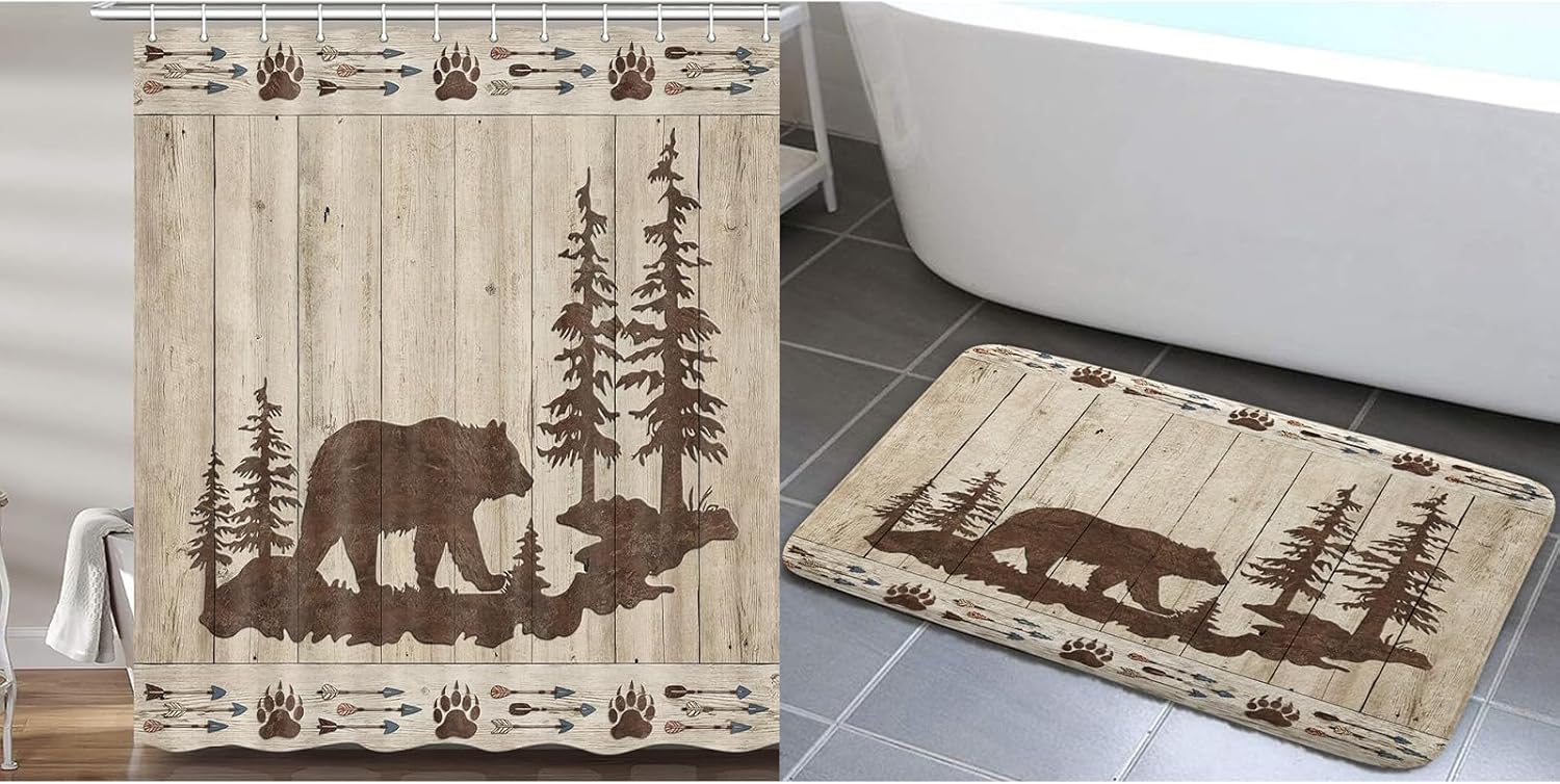 Bear Shower Curtains (72X72IN) with Rug (17X29IN) for Bathroom, Wild Animals Rustic Cabin Forest Bath Curtain Flannel Bath Floor Mat Set, Bear Print Wooden Board Fabric Accessories Restroom Decor