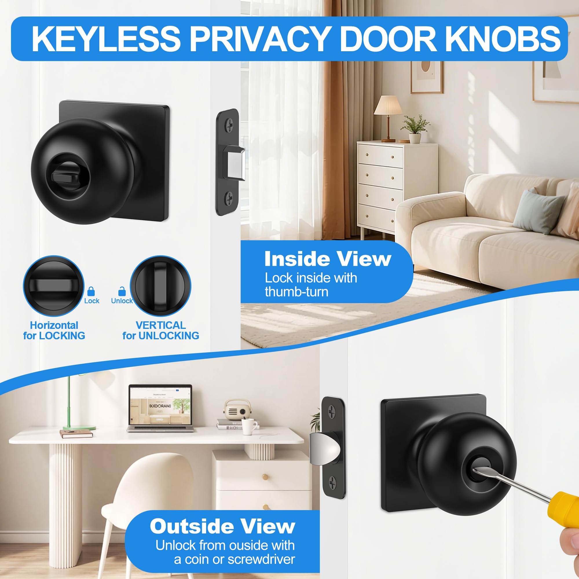 Matte Black Privacy Door Knobs - 10 Pack -3