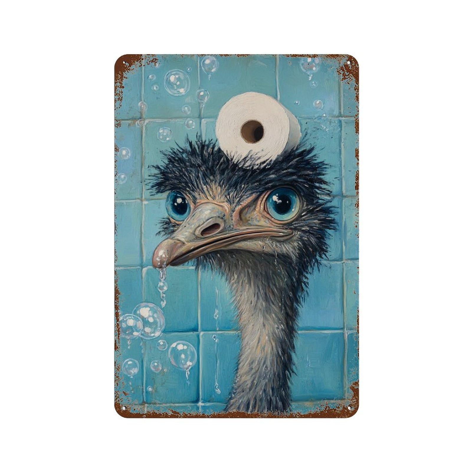 Ostrich in Shower with Toilet Paper-1 Rusty Metal Tin Sign 11.8"x7.9", for Pub, Kitchen And Man Cave Decor, Novelty Wall Decor