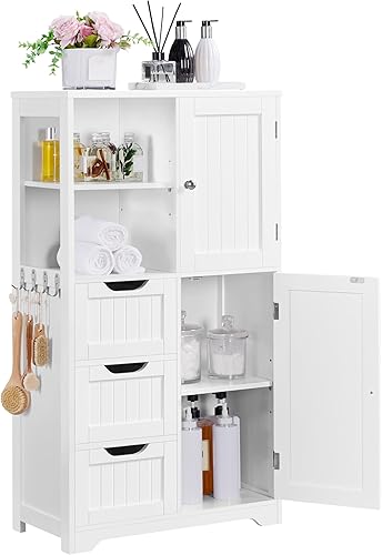 Yaheetech Armario de piso de baño de 42 pulgadas, armario de almacenamiento independiente con 3 cajones, 2 estantes abiertos y 2 puertas,