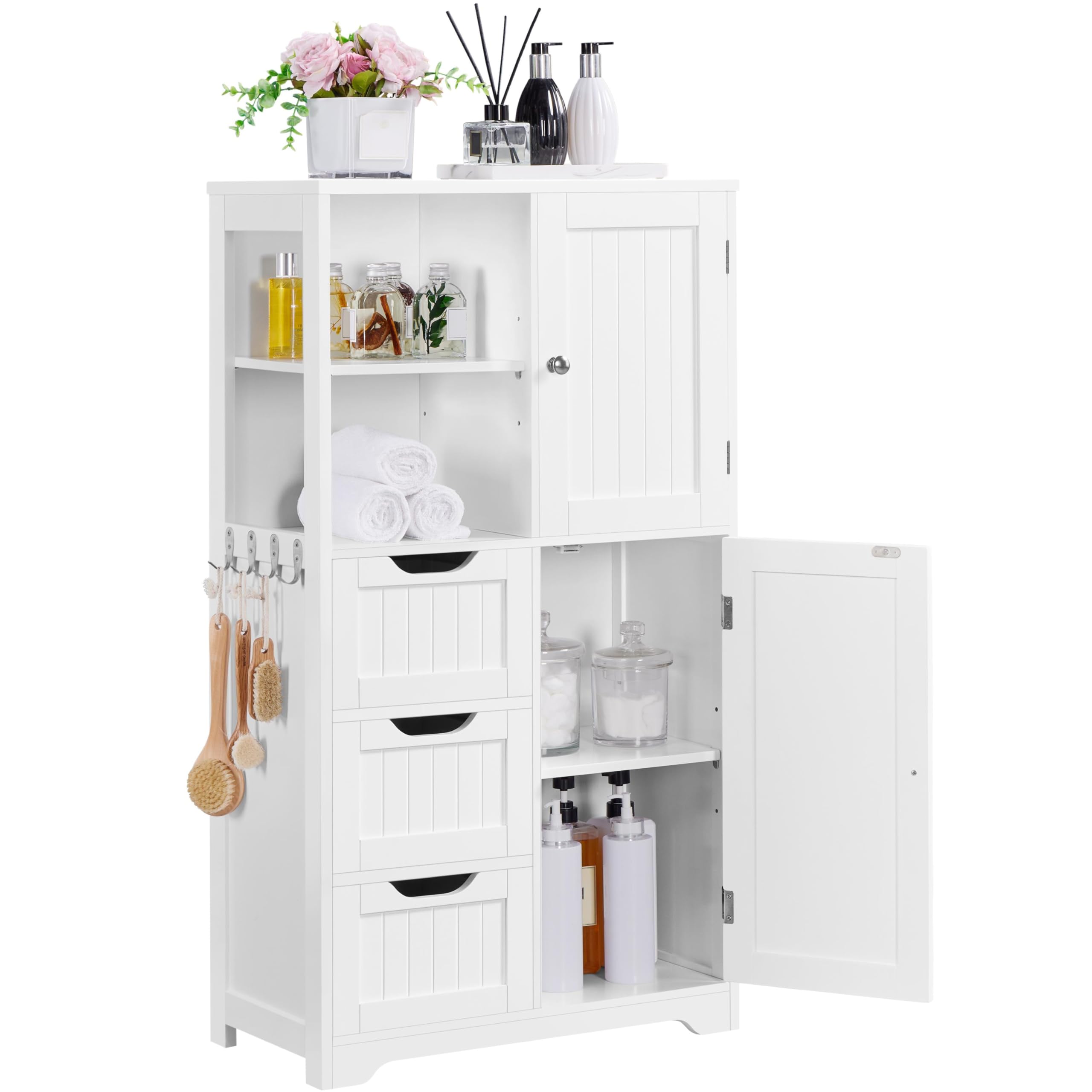 Yaheetech Bathroom Floor Cabinet 42″, Freestanding Storage Cabinet with 3 Drawers, 2 Open Shelves and 2 Doors, Wooden Storage Organizer with Adjustable Shelves for Bathroom, Living Room, Kitchen