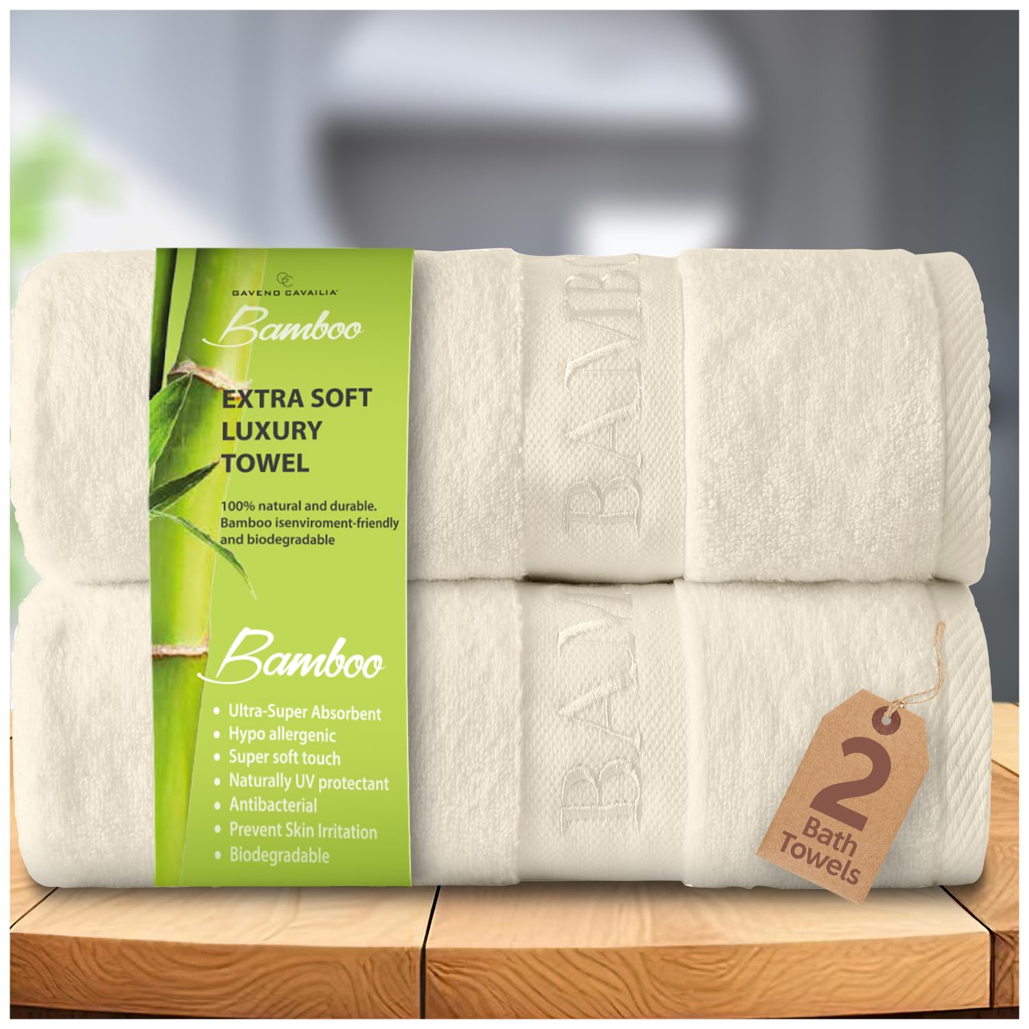 GC GAVENO CAVAILIA Bamboo Bath Towels Set | Pack of 2 Ultra Absorbent Big Bath Towels | 550 GSM Quick Drying Anti Bacterial Shower Towels | Bone 70x120 Cm
