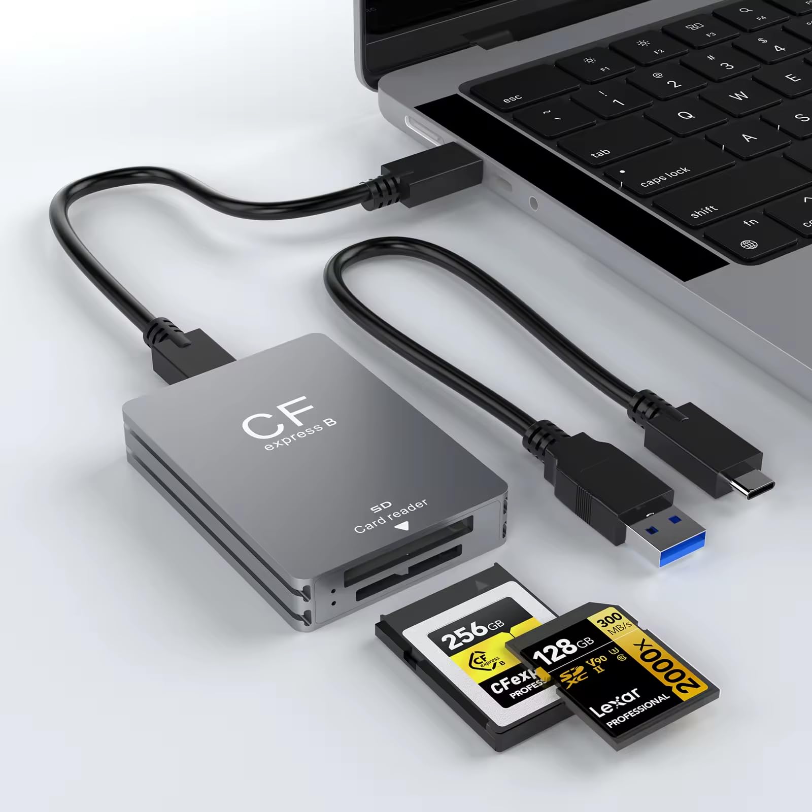 SCALEBEE CFexpress Type B and SD SDXC SDHC Dual Slot 2 in 1 Card Reader USB 3.2 Gen 2 - Transfer up to 10GB/s - Compact Slim Metal Body - Type C to C & A Cable Included