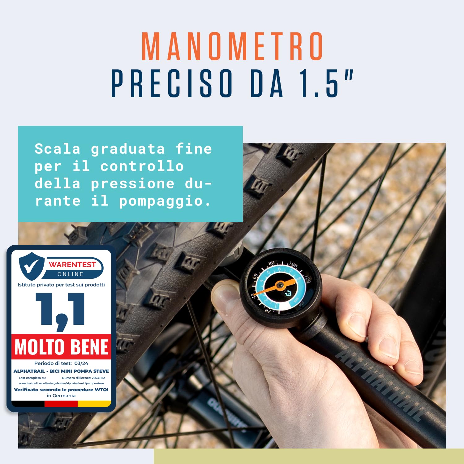 Alphatrail Minipompa Steve - Per tutte le valvole 8,3 Bar / 120 PSI pressione massima I manometro grande (Ø32mm) I t-maniglia ergonomica I pompa bicicletta per la valvola presta, schrader & dunlop