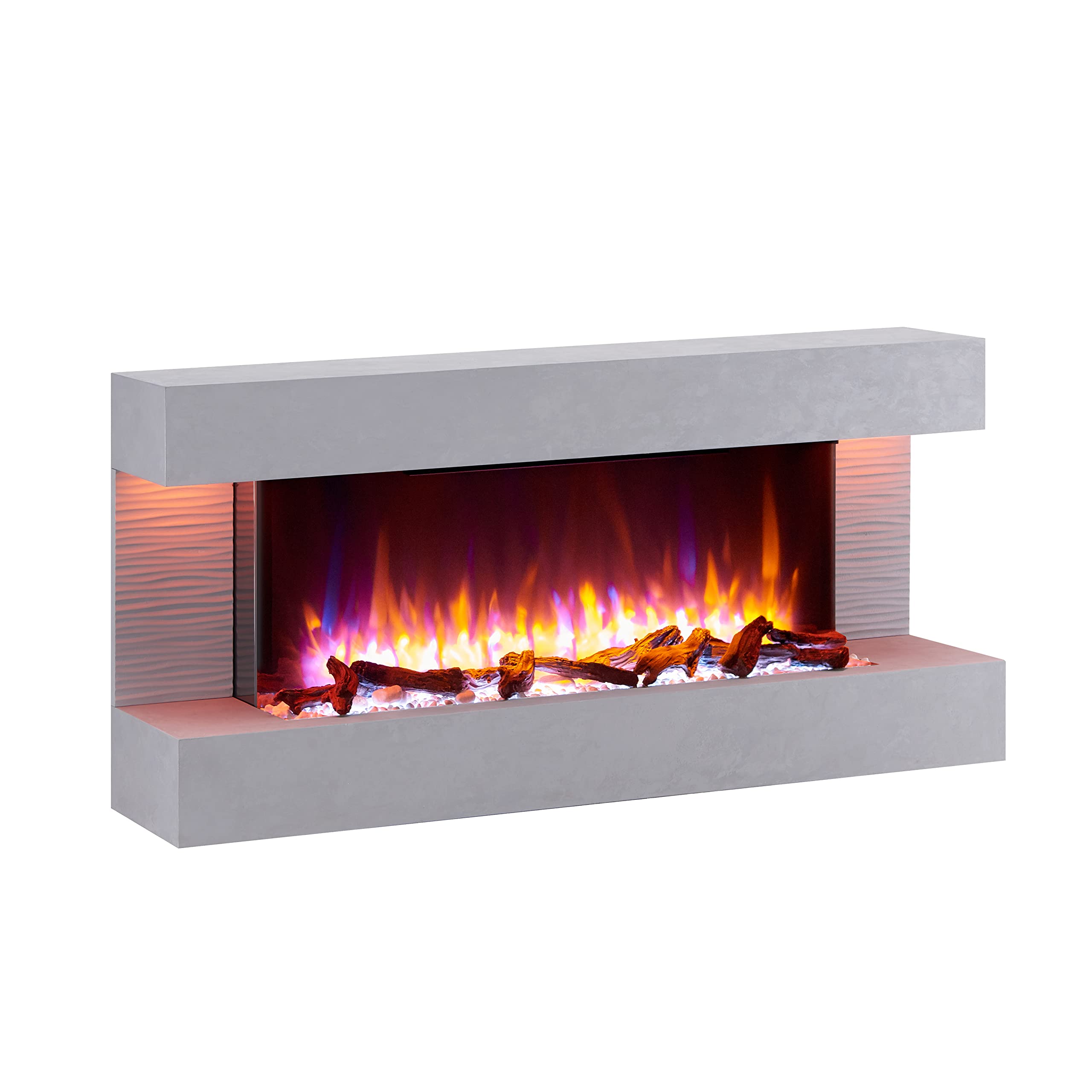 BALDERIA camino elettrico Helia | Caminetto elettrico da parete con effetto fiamma 3D | Riscaldamento elettrico 2000 W | Focolare sospeso a parete con telecomando, timer, termostato | Grigio