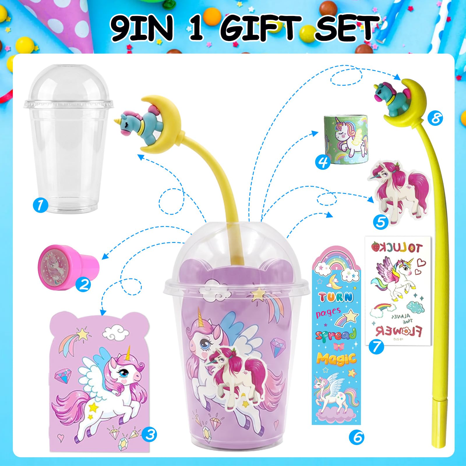 Mepmela Confezione da 24 sacchetti con unicorno, per feste di compleanno, set con coppe, mini quaderni, penne shaker per pignatta, regali in classe, premi, sacchetti regalo
