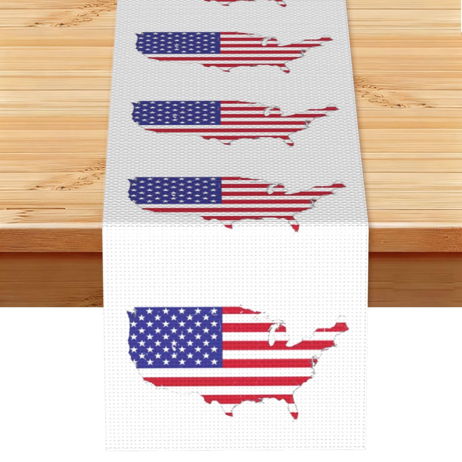 USA Flag Map Printed Table Runner 13 x 72, Wrinkle Resistant Decor for Dining Table Coffee Table Fireplace