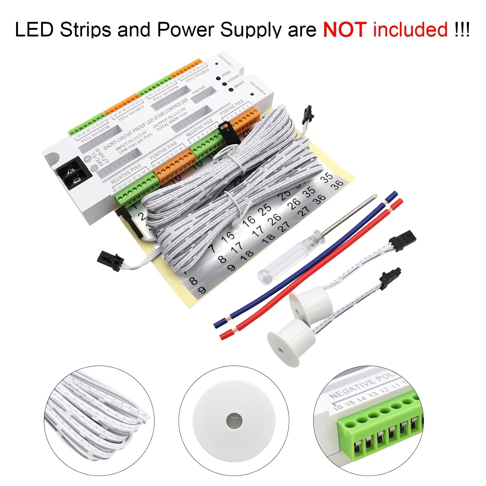 Controlador inteligente de Sensor movimiento PIR iluminación LED for escaleras interiores, luces paso, 32 escalones, tira COB alto brillo DIY(400W Power Supply)