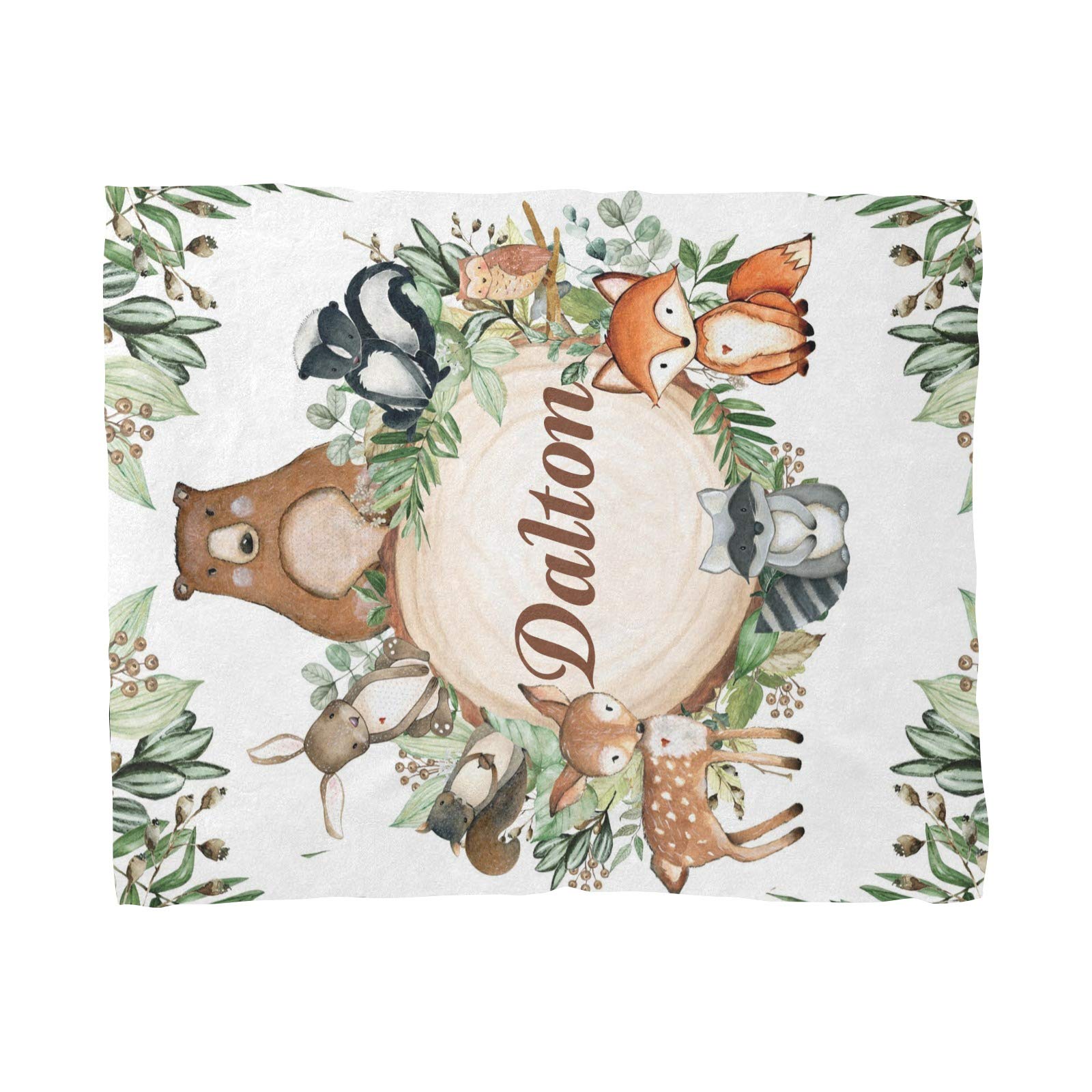 CUXWEOT Personalized Kids Fleece Blanket with Name Custom Woodland Baby Animals Baby Throw Blanket for Bed Birthday Gift Baby Shower (30 x 40 inches)