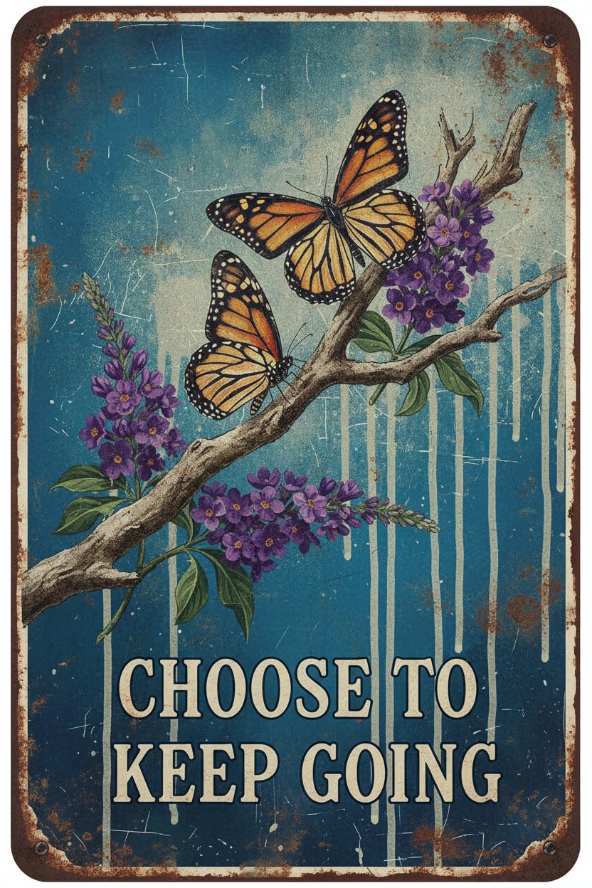 Choose To Keep Going Butterfly Flower Tin Sign, 8x12 Inch