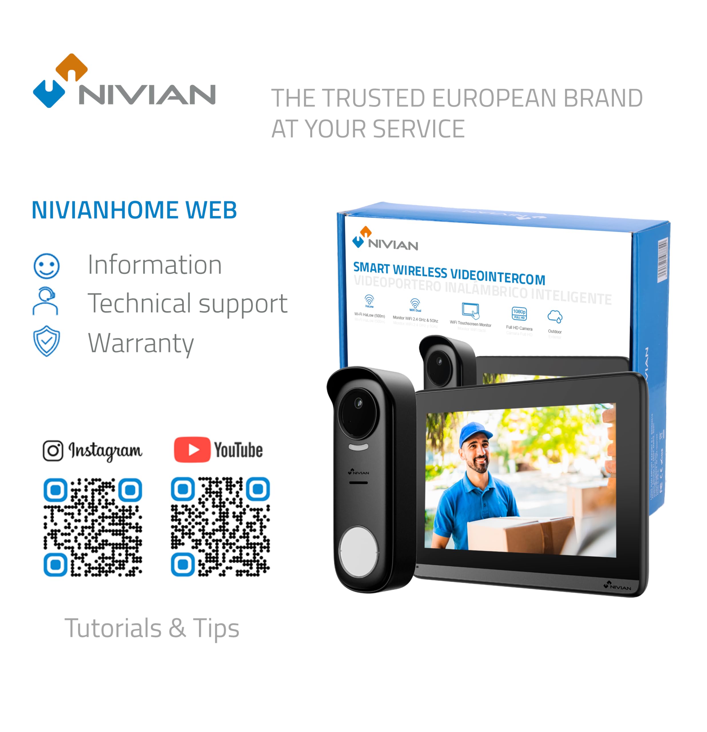 NIVIAN Videoportero Inteligente Inalámbrico WiFi con Monitor Táctil 7” Full HD, App Tuya, Audio Bidireccional y Abrepuertas Remoto, Placa Exterior IP65 con Visión Nocturna – Smart Security