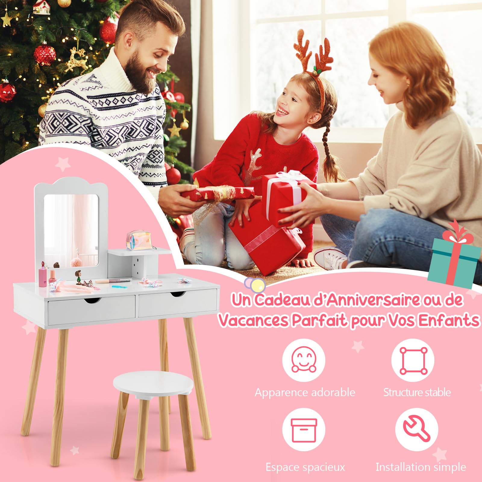 DREAMADE Coiffeuse Enfants Fille 3-7 Ans avec Tabouret Bureau d'Écriture 2 en 1 avec Miroir Carré Amovible&2 Tiroirs Table de Maquillage Princesse Charge 20+40 KG (Blanc)